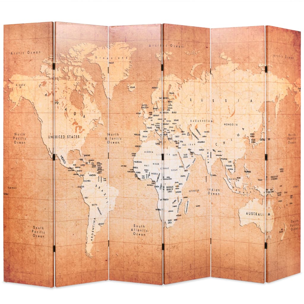 Folding Room Divider 228x170 cm World Map Yellow